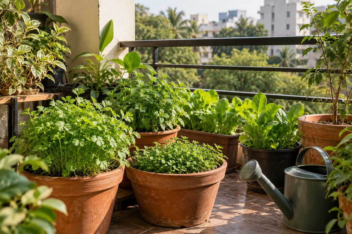 Herbs and leafy greens growing in pots on a sunny Bengaluru apartment balcony