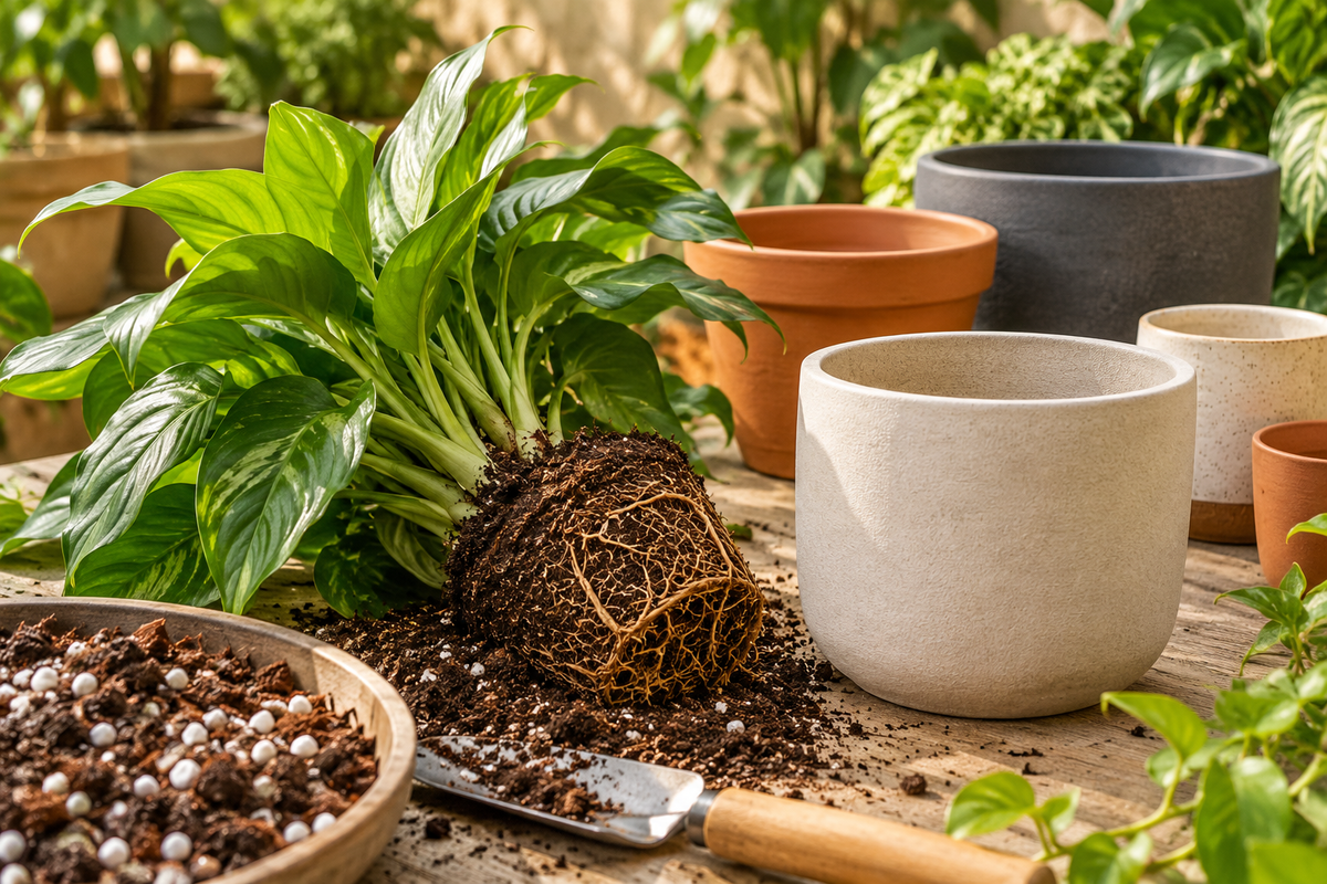 Houseplant root ball and empty planters arranged at a potting station