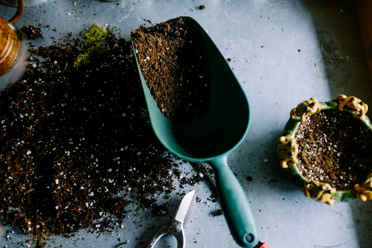 Rich potting soil and gardening materials prepared in a container